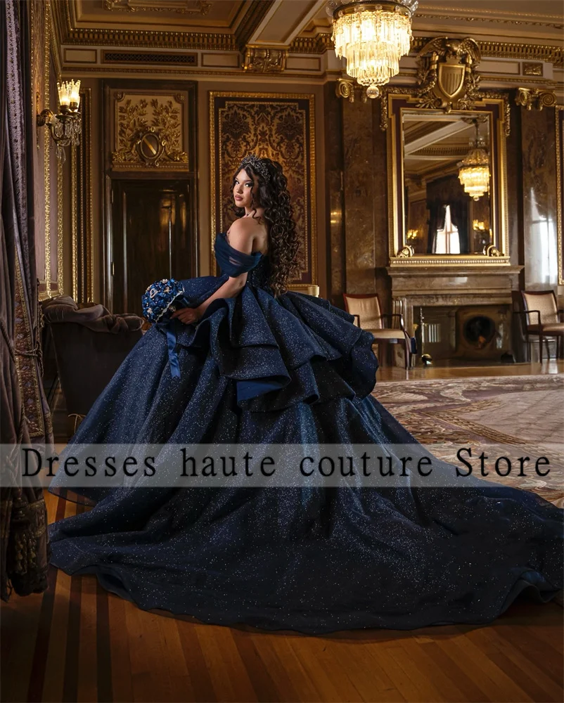 

Navy Blue Tulle Princess Quinceanera Dresses 2024 Ruffles Beads Ball Gown Sweet 16 Dress Customized Vestidos De Quinceañera