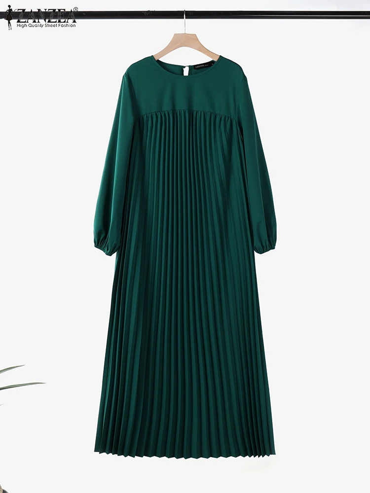 

2025 ZANZEA Women Autumn Long Lantern Sleeve Pleated Dress Fashion Muslim Hijab Dresses Turkey Abaya Robe Femme IsIamic Vestidos