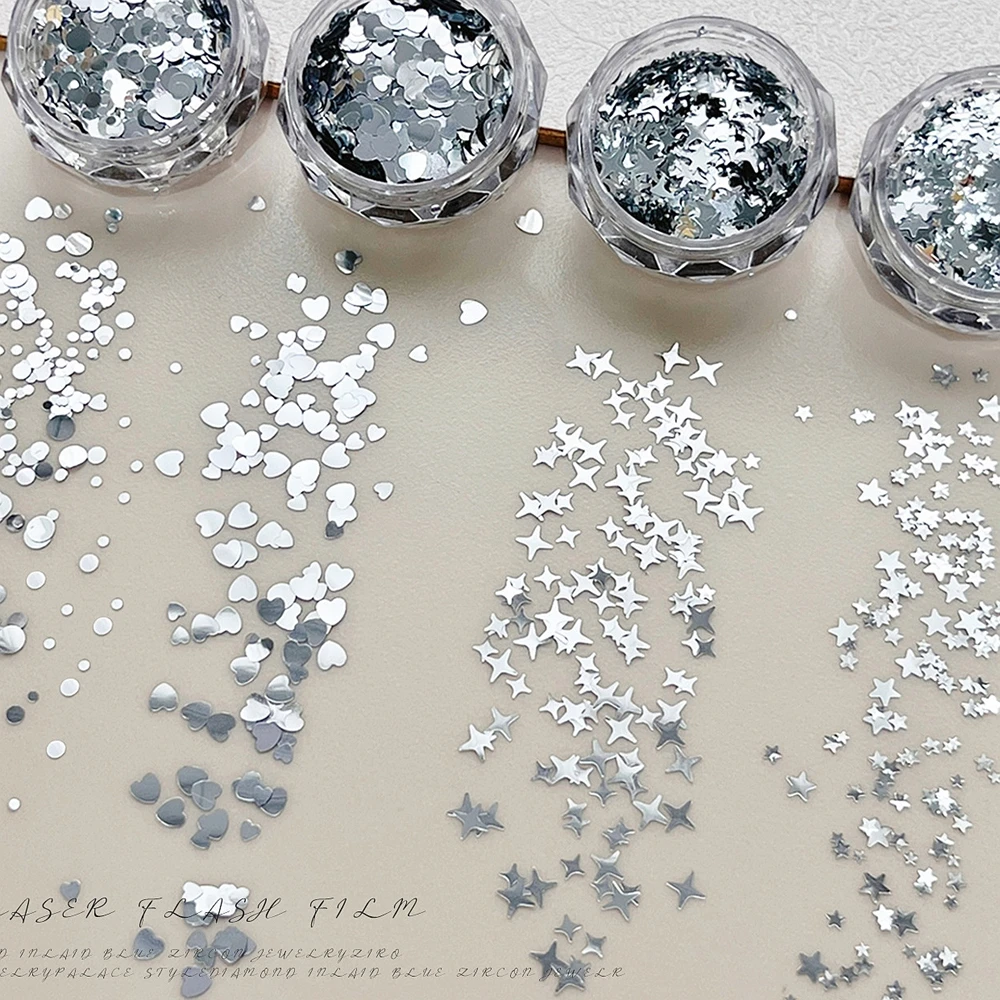 2Pots Silver Acrylic Star Heart Nail Art Sequins Starlight Decals For DIY Nails Decoration Design Manicure Supplies Material