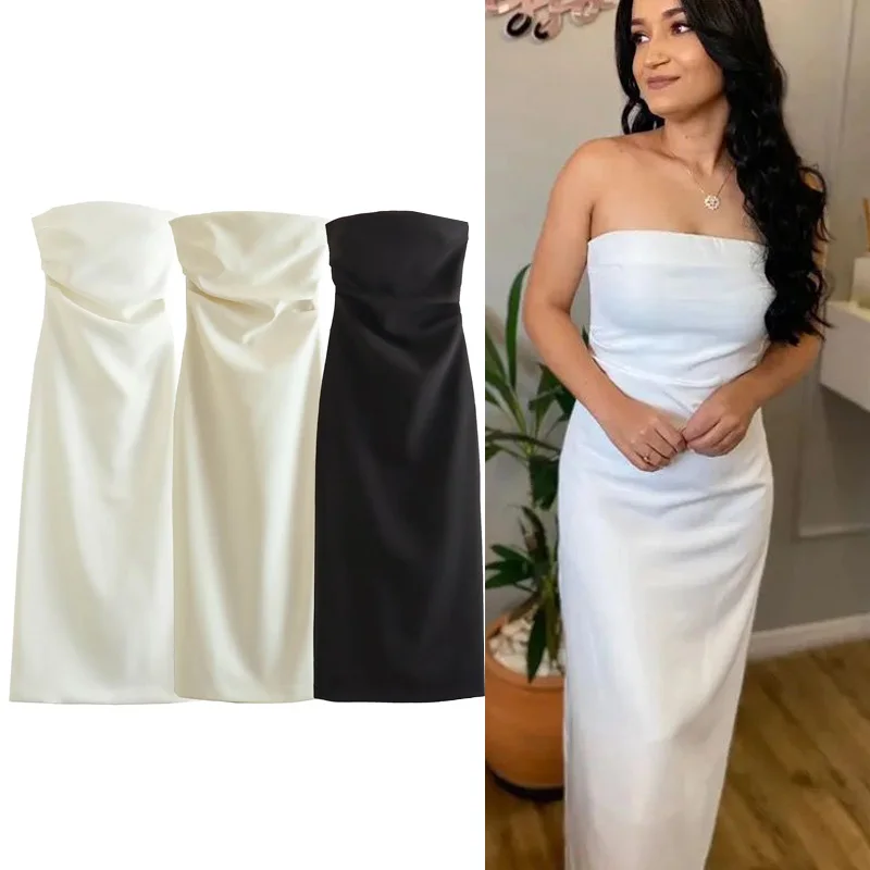 TRAF 2024 Off Shoulder Black White Long Dress Women Ruched Bodycon Beige Midi Dress Woman Summer Backless Sexy Party Dresses