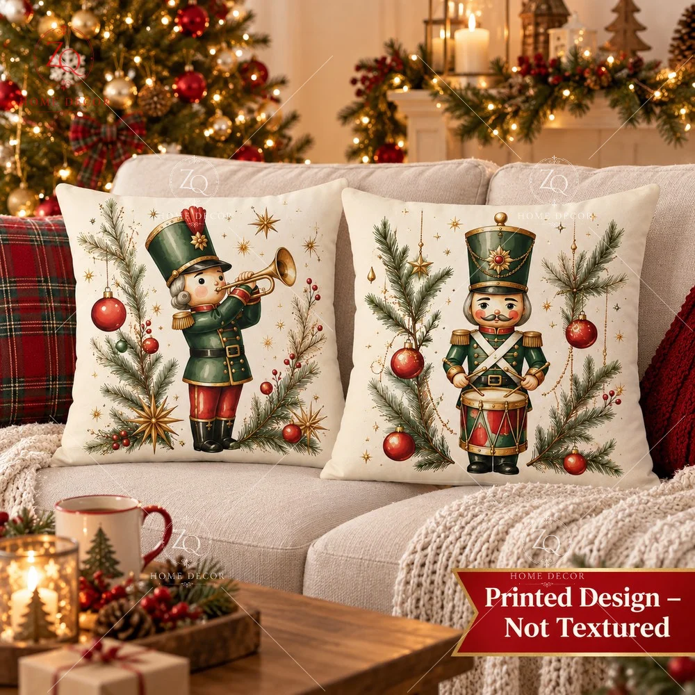 Nutcracker Soldier Throw Pillow Case 2D Flat Printed Peach Skin Cushion Cover Pine Decor For Living Room Bedroom Sofa Couch Bed