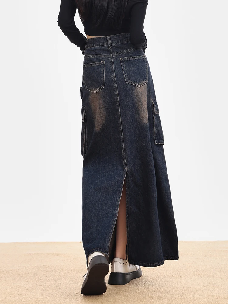 Women Denim Skirt Y2k Emo 2000s Clothes Long Skirt Harajuku Korean 90s Fashion Vintage Gradient A-line Jean Skirt Grunge Clothes