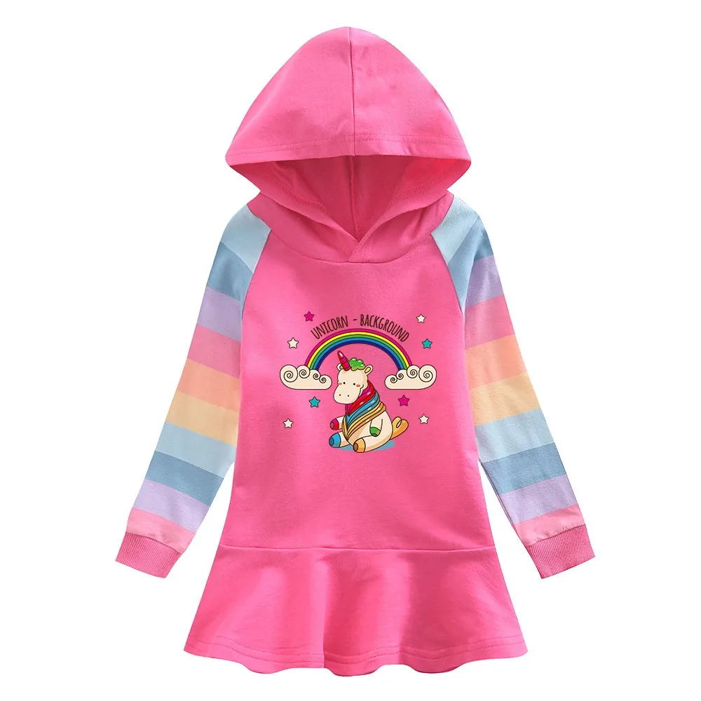 Girls Dress Spring Unicorn Quality Cotton Autumn Fashion Clothing for Children Pink Long Sleeve Kids Clothes Hooded Rainbow