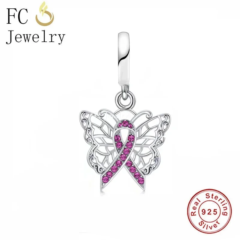 FC Jewelry Fit Original Charm Bracelet 925 Silver Butterfly Pink Ribbon Breast Cancer Awareness Bead For Making Berloque 2022