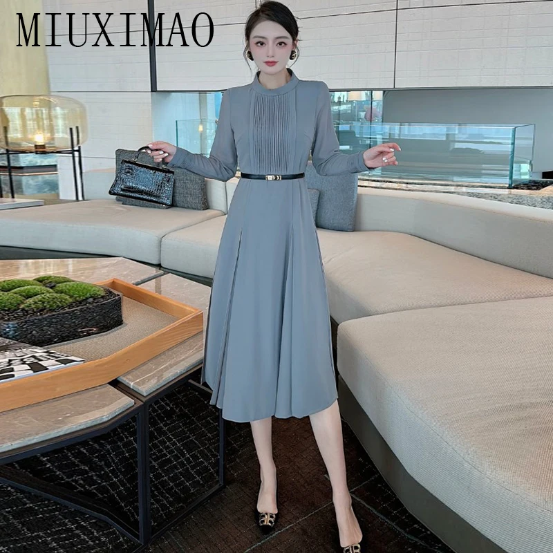 

MIUXIMAO 2023 office lady Spring&Summer Elegant Dress Long Sleeve Choker Solid Fold BeltFashion Knee length Dress Women Vestide