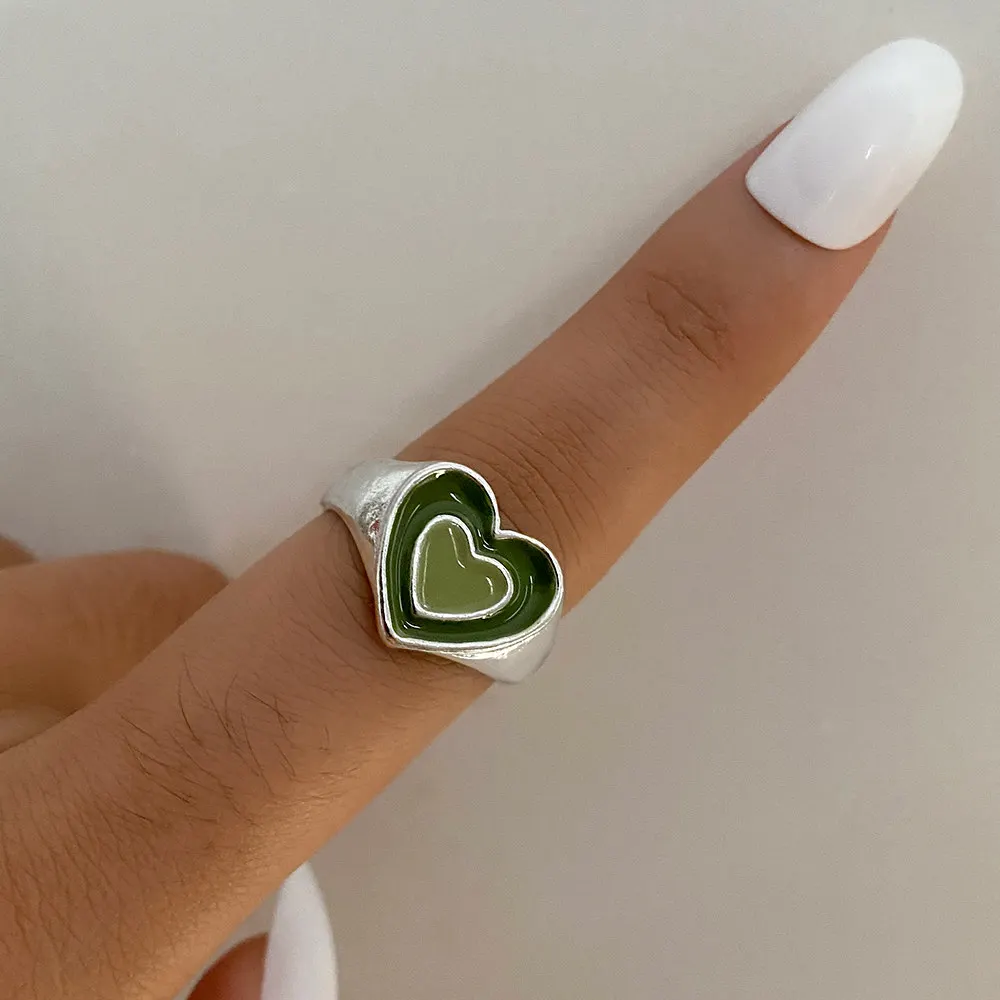 New Ins Creative Cute Colorful Double Layer Love Heart Ring Vintage Drop Oil Metal Heart Rings For Women Girls Fashion Jewelry