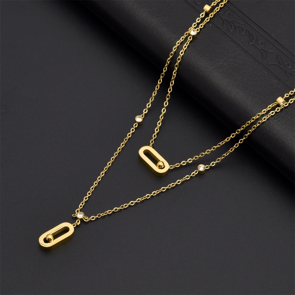 Paperclip Double-Layer Necklace Women With Full Diamonds Rectangular 18K Gold Pendant Long Tassel Clavicle Chain Daily Jewelry