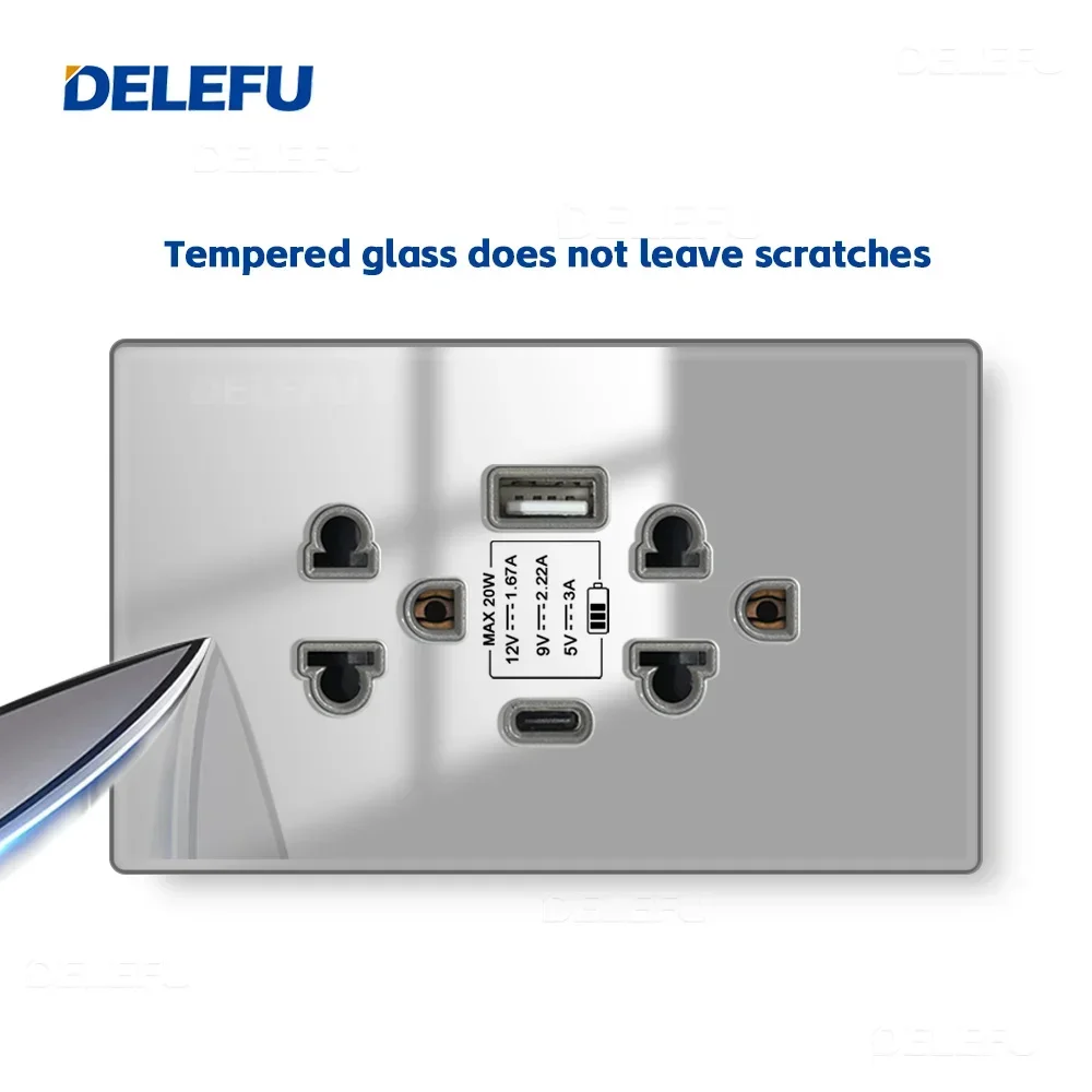 DELEFU Tempered Glass Connected Panel American Thai Standard Socket 124*76mm USB Type C Wall Socket Grey