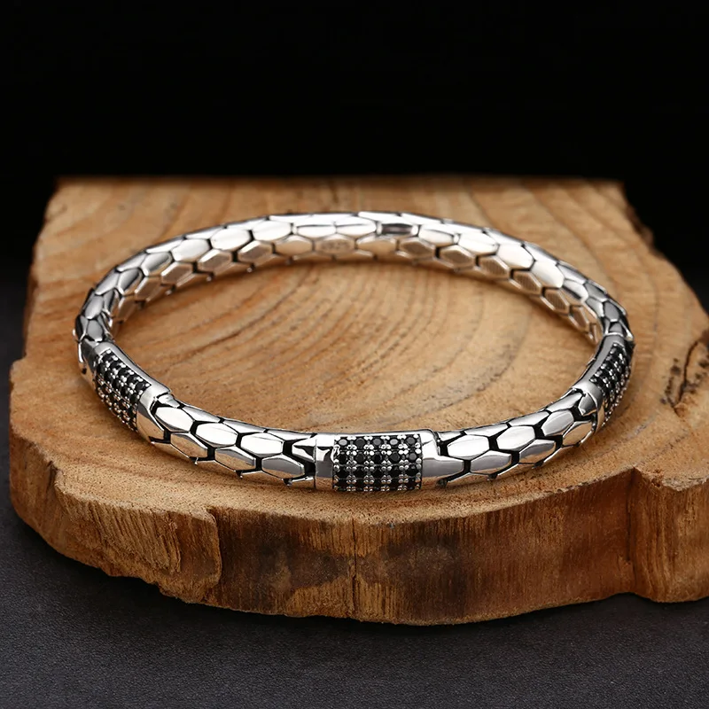 925 Sterling Men'S And Women'S Snake Pattern Bracelet With Inlaid Stones, Thai Silver Vintage Jewelry