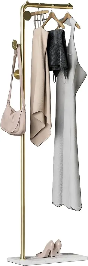 

Coat Rack Stand, Gold Clothing Rack Freestanding with Satin Steel Finish and Natural Stable Marble Base for Coats Hats Scarves