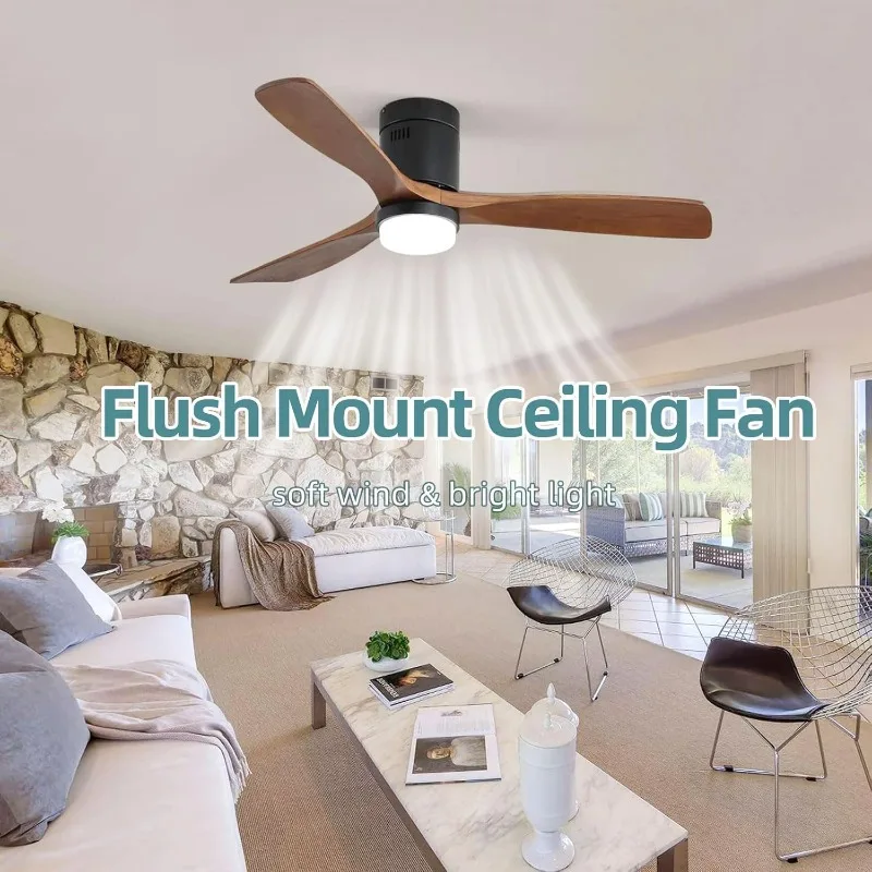 Ceiling Fan with Lights 52 Inch Flush Mount Ceiling Fan with Remote Control, Wood Blades Modern Outdoor Ceiling Fans