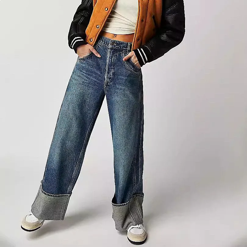 Vintage Washed Mid Rise Skinny Straight Leg Jeans for Women Denim Pants Baggy Casual Loose Fit Roll Hem Stretchy Trousers