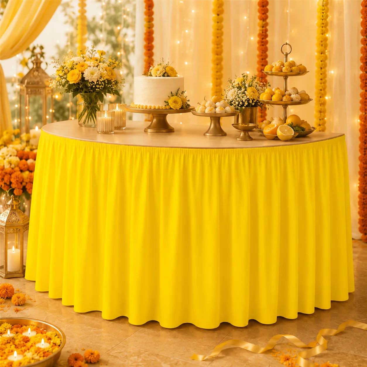 Table skirt / tableskirt - 1 piece. Tablecloth and table skirt. Pure color - bright yellow. Smooth texture.zyc