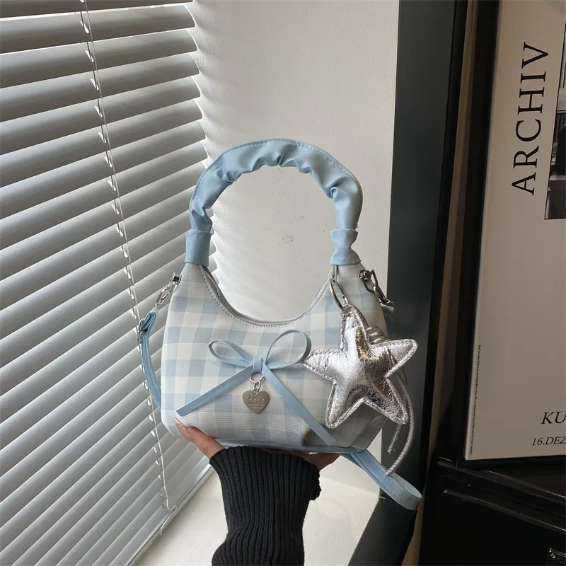 2026 New Summer High-End Niche Plaid Chain Crossbody Bag for Girl Trendy Handheld Crescent Purse for Fashion Tote Shool Bags
