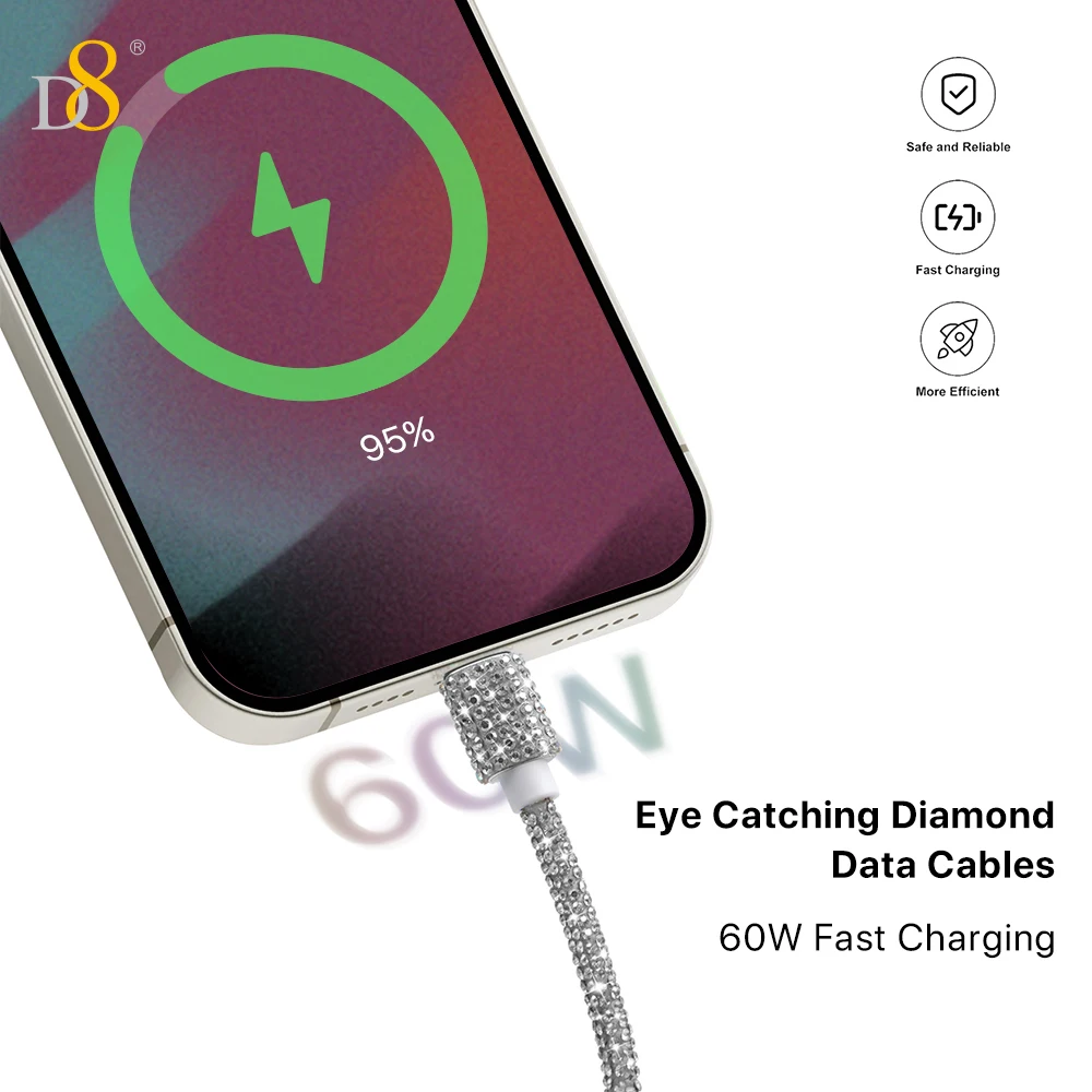 D8 60W USB C to USB C Cable Fast Charging,  Crystal Decoration,Diamond Shine, Compatible with iPhone 15/Pro/Plus/Pro Max, MacBoo