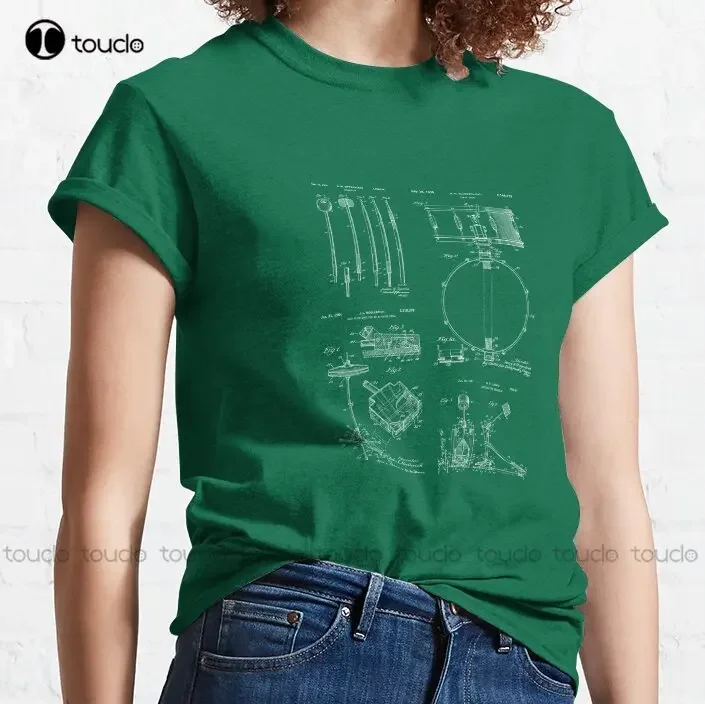 Schlagzeuger Geschenk Vintage Patent Print Drum Set Klassisches T-Shirt Benutzerdefinierte Aldult Teen Unisex Digitaldruck T-Shirts Individuelles Geschenk