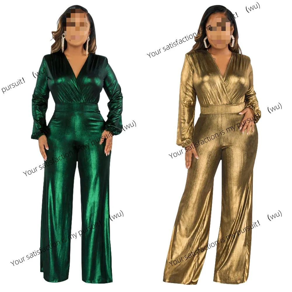 

ZOCI-K10317 Sexy V-neck lantern sleeve bronzing jumpsuit