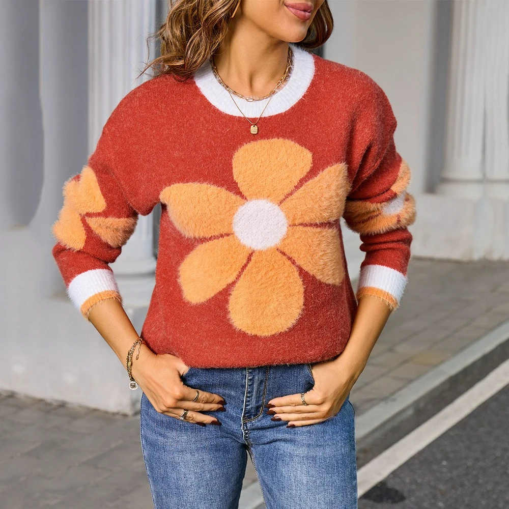 

2025 Autumn and Winter New Women's Flower Hairy Knitted Sweater Long Sleeve Round Neck Sweater