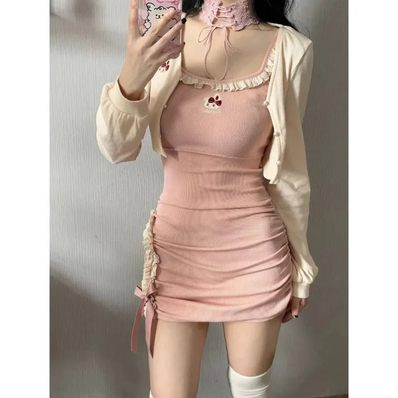 Two Piece Set for Women Sexy Sweet Bow Lace Embroidery Fairy Club Mini Dress Cute Ruched Sleeveless Bodycon Dresses Y2K Crop Top