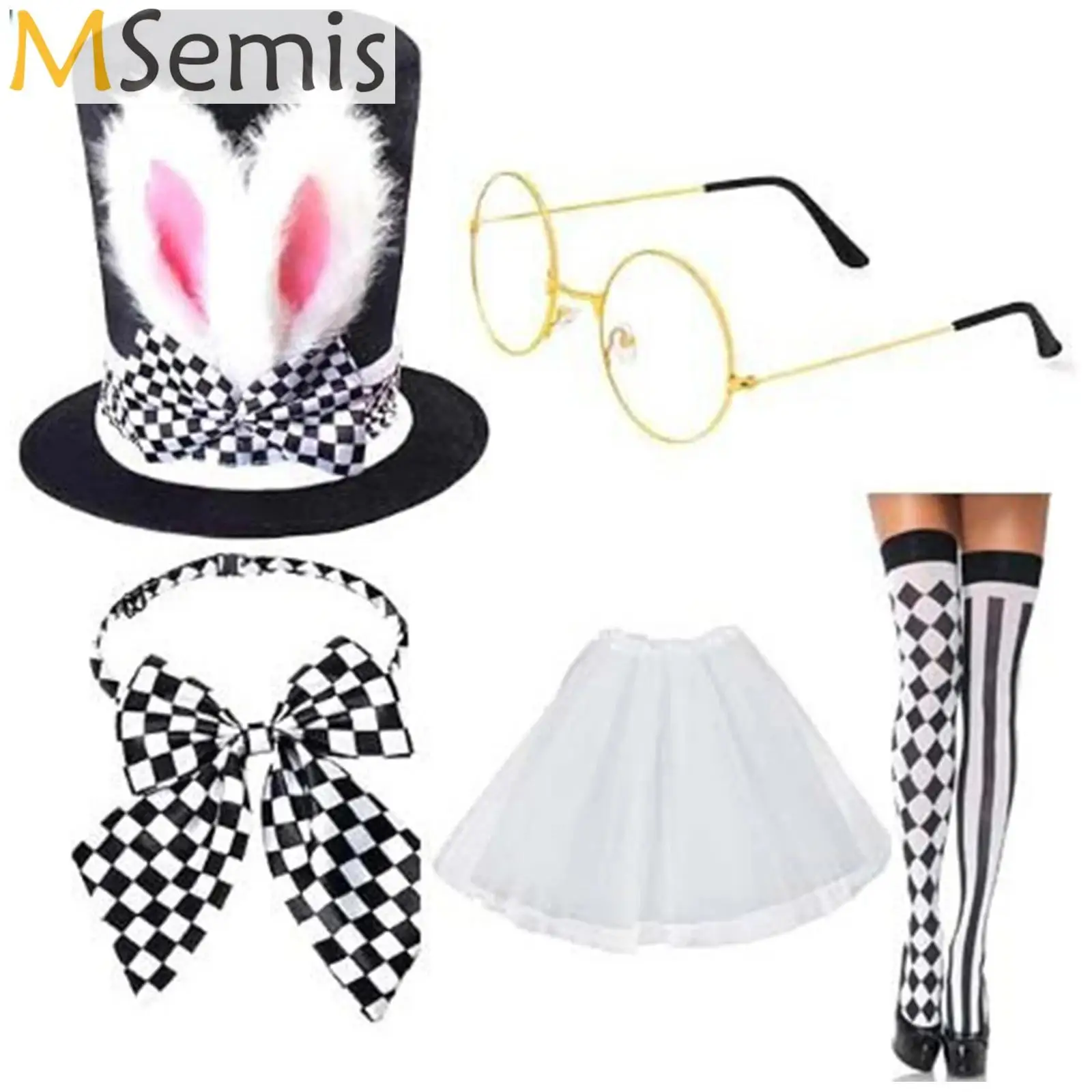 

White Rabbit Costume Bunny Dress Up Accessory Kit Include Bunny Ears Tall Hat Glasses Bow Tie Stockings Skirt Gloves Props Set