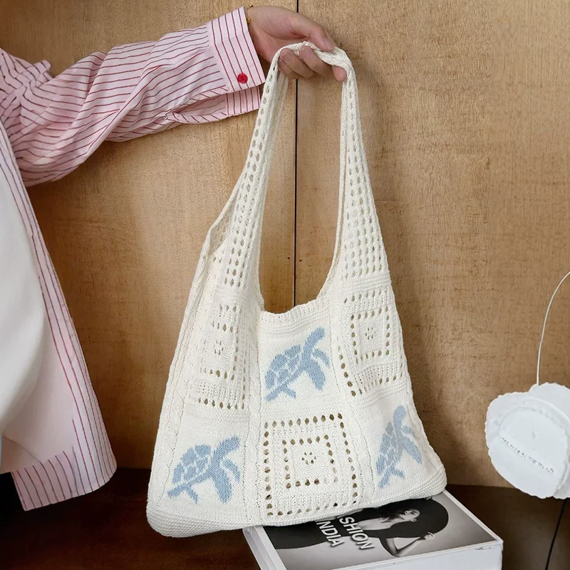Designer-Stricktaschen mit großem Fassungsvermögen, Damen-Sommer-Strandtasche, lässige, hohl gewebte Unterarm-Umhängetasche – Detail 6