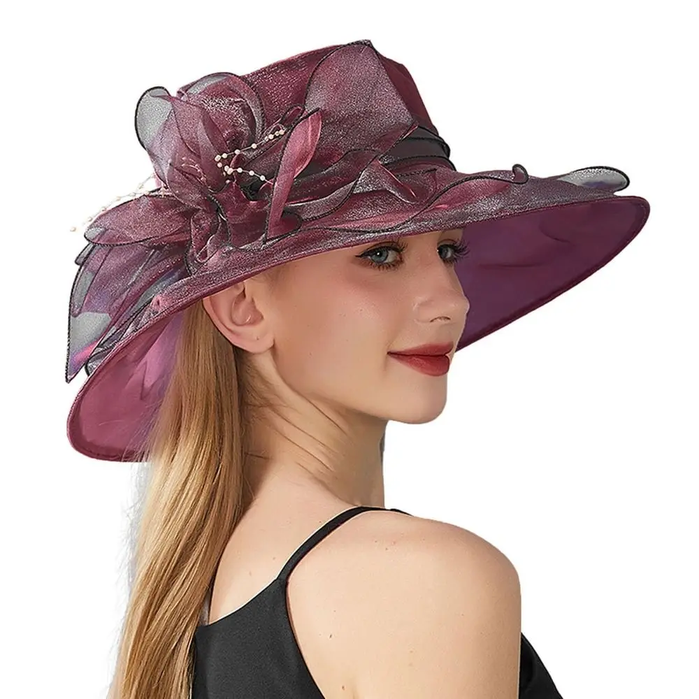 Solid Color Flowers Women Derby Hat Wide Brim UV Protection Summer Ruffles Sun Hat Organza Foldable Bridal Tea Party Wedding Hat