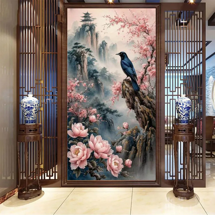Imagen de cuervo de peonía de montaña, tamaño grande, recién llegados, pintura de diamantes artesanal, flores, taladro redondo cuadrado completo, Kits de bordado de mosaico