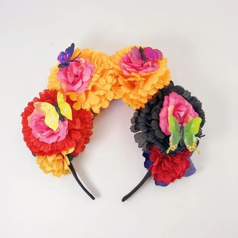 Mexican Flower Crown Headband Butterfly Floral Headband Costume Day of Dead Headpiece Flowers Headband for Girls