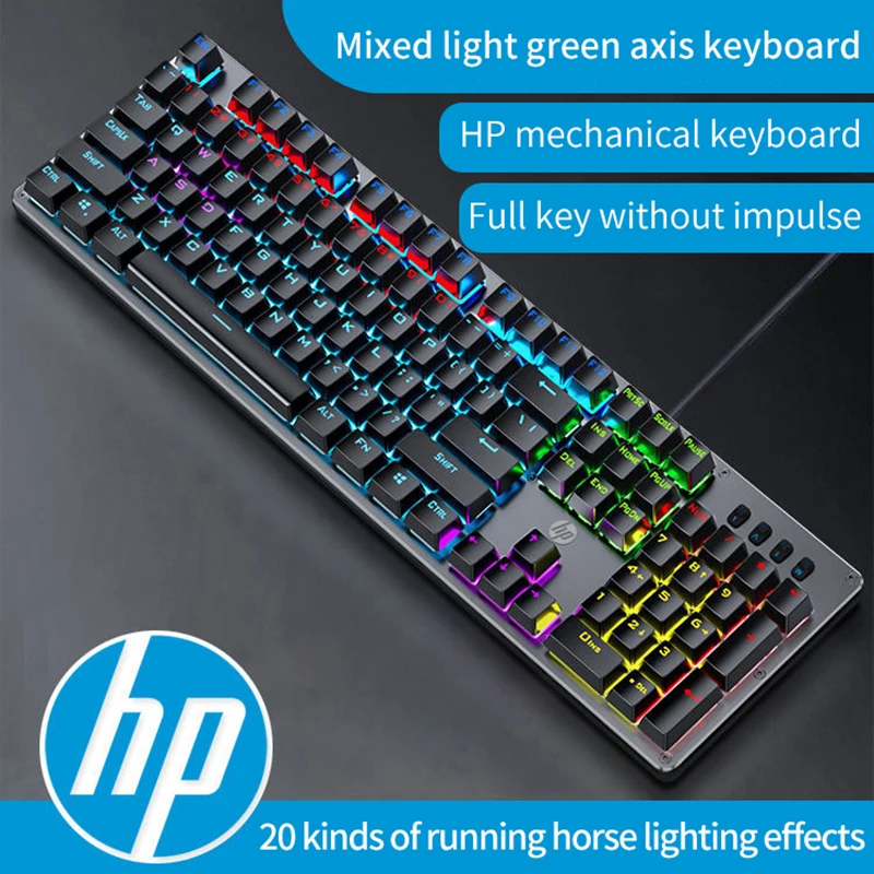 Wired USB HP GK100F Real Mechanical Keyboard, Mixed Light, Green Axis Internet cafe, E-sports Game, CF Full key, No Impact