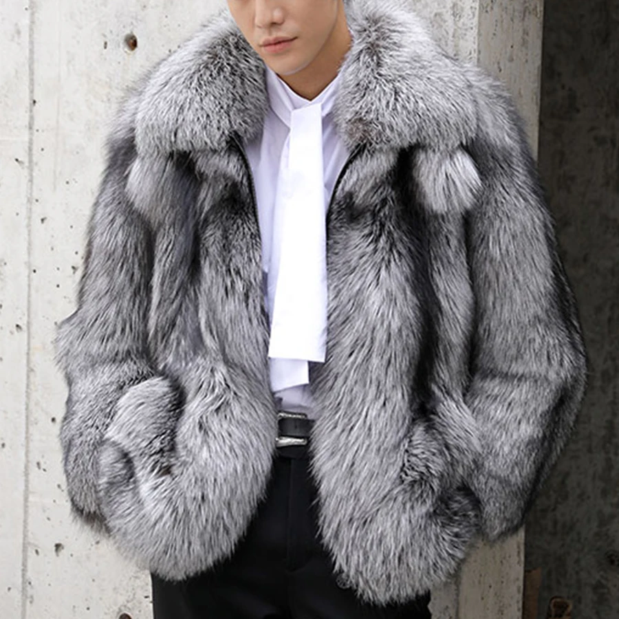 Genuine Fox Fur Coat Winter Coat With Silver Fox Lapel High Quality Mid-Length Men's Fur Jacket With Zipper