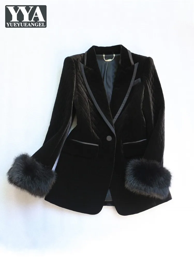 Women Fur Sleeve Velvet Blazer Coat Office Ladies Black Slim Fit Work Suit Jacket High Quality Autumn Party Outerwear Coats