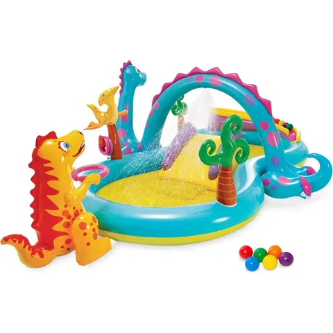 11' x 7.5' x 44 Dinoland Play Center Kiddie Inflatable Outdoor Swimming Pool with Fun Slide and Climbing Wall for Durable PVC M