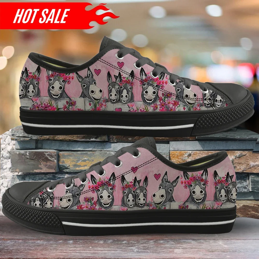 Doginthehole Woman Low Top Canvas Shoes Donkey Family 3D Cute Pattern Ladies Shoes Lace Up Sneakers