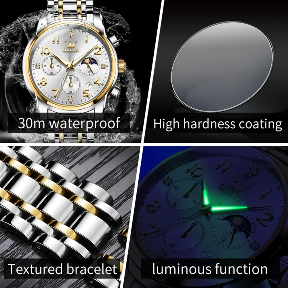 OLEVS ساعة رياضية فاخرة للرجال كوارتز مقاوم للماء تاريخ مضيء كرونوغراف ساعات رجالية من الفولاذ المقاوم للصدأ ساعة رجالية على مدار الساعة #2