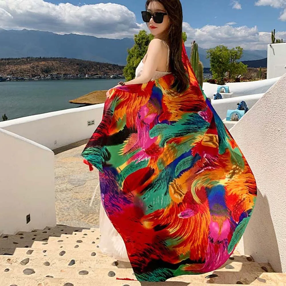 

Милый дышащий весенний шелковый шарф, длинный хлопковый платок с большим узором, поглощающий пот, легкий квадратный шарф-хиджаб, пляжный шарф