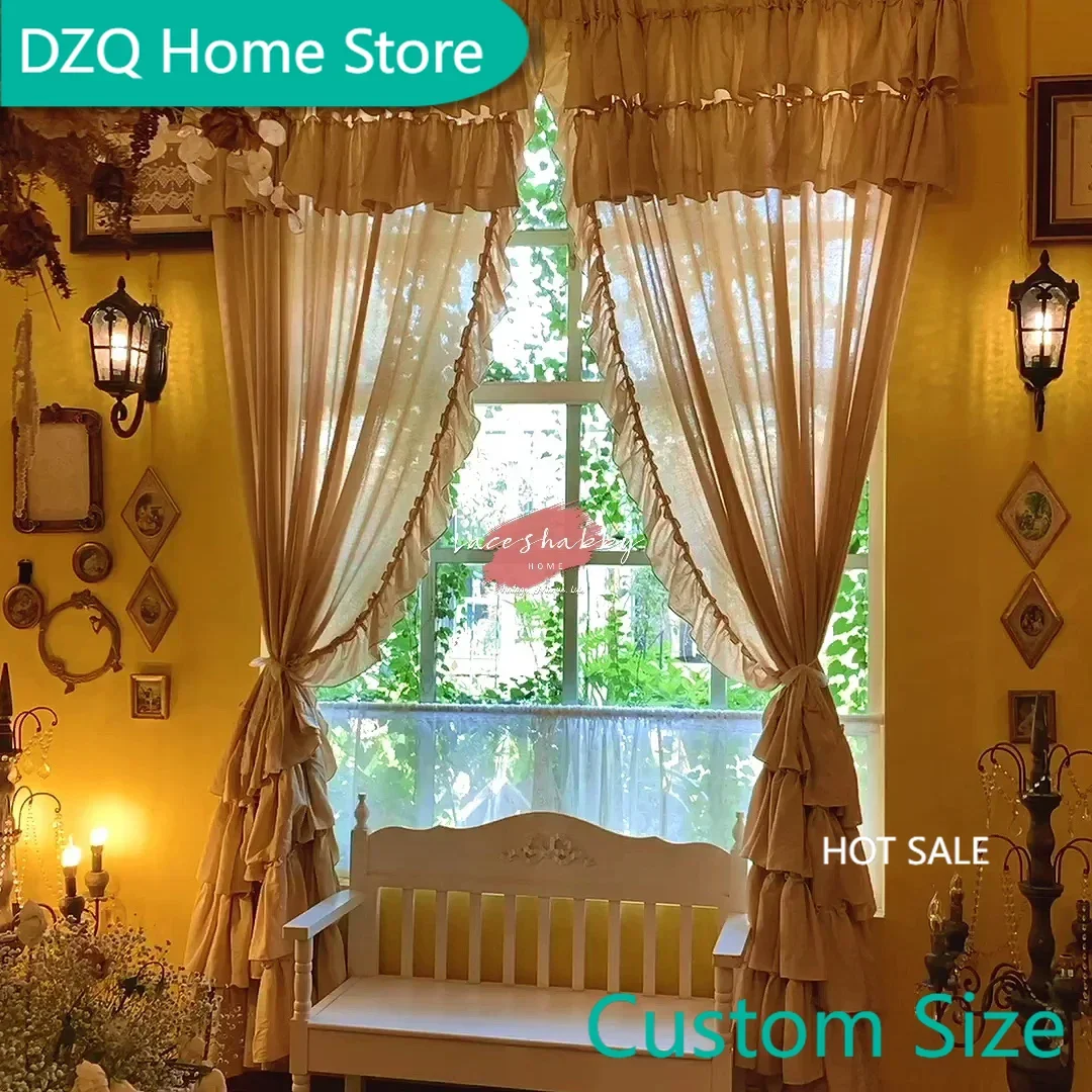 

French Lolita Ruffles Blackout Curtains for Bedroom, Natural Cotton Linen Beige Cortinas,Romantic Layers Kitchen Short Curtains