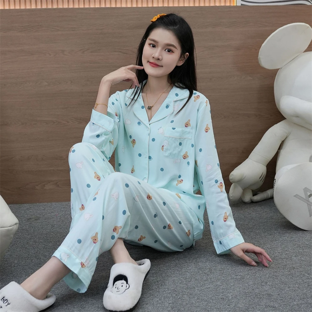 Women New Cardigan Long Sleeves Pants Pajamas Set Korean Casual Printed Homewear 2-piece Ladies Simple Breathable Sleepwear Suit