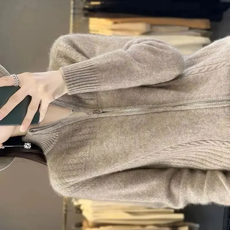 

2026 New Autumn Winter High Quality Knitwear Cardigan Women's Retro Coat Zipper Female Sweater Semi-high Collar Loose Jacket Top