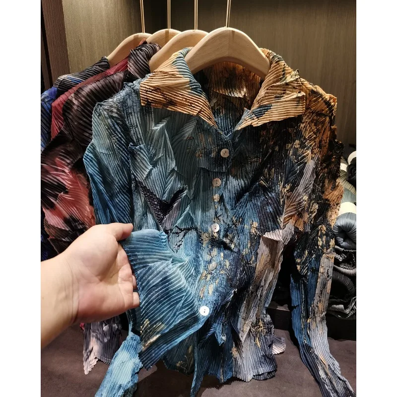 

Miyake Spring New T-shirt Single-breasted Lapel Gradient Color Printing Blouse Fashion Casual Long-sleeved Shirt Women Cardigan