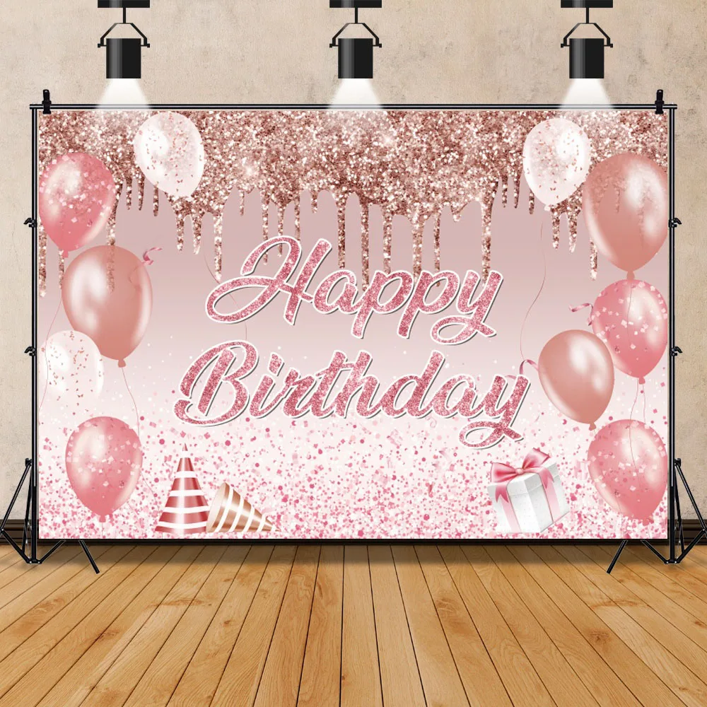 

Pink Balloon Shiny Diamonds Birthday Photography Backdrop Sweet 16th 21st Girls Adult Happy Birthday Party Decor Background