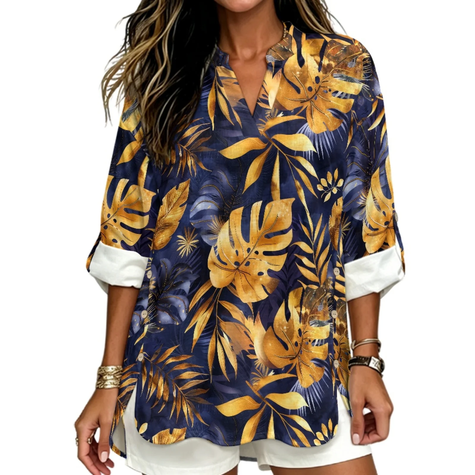 PENSTROLL Golden Tropical Leaf Comfortable Women's Long Sleeve Tops for Beach Walks Linen Style Notch V Neck Blouses Sizes S-5XL