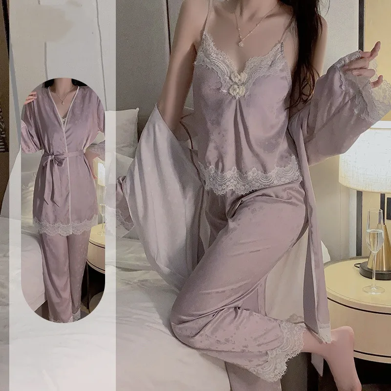 

Lace Trim 3PCS Pajamas Suit Womens Sleepwear Jacquard Satin Loungewear V-Neck Pyjamas Spring Summer Bathrobe Home Clothes