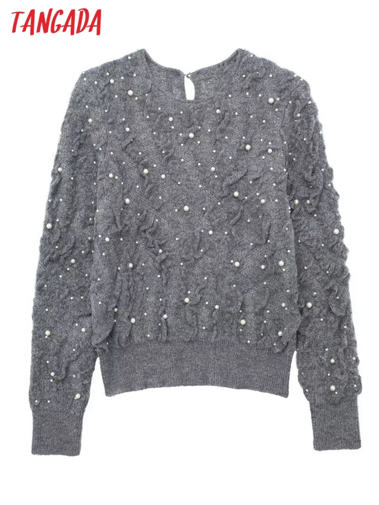 Tangada 2023 Women Pearl Decorate Jaquard Knit Sweaters Long Sleeve Female Jumper 3H189