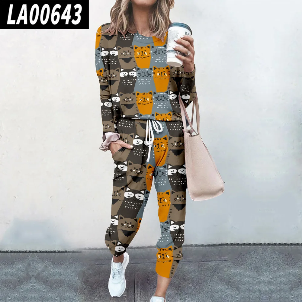 Women Cute Cat Print Pullover Two Piece Set Casual Long Sleeve Sweatshirts And Jogging Pants Suits Tracksuits