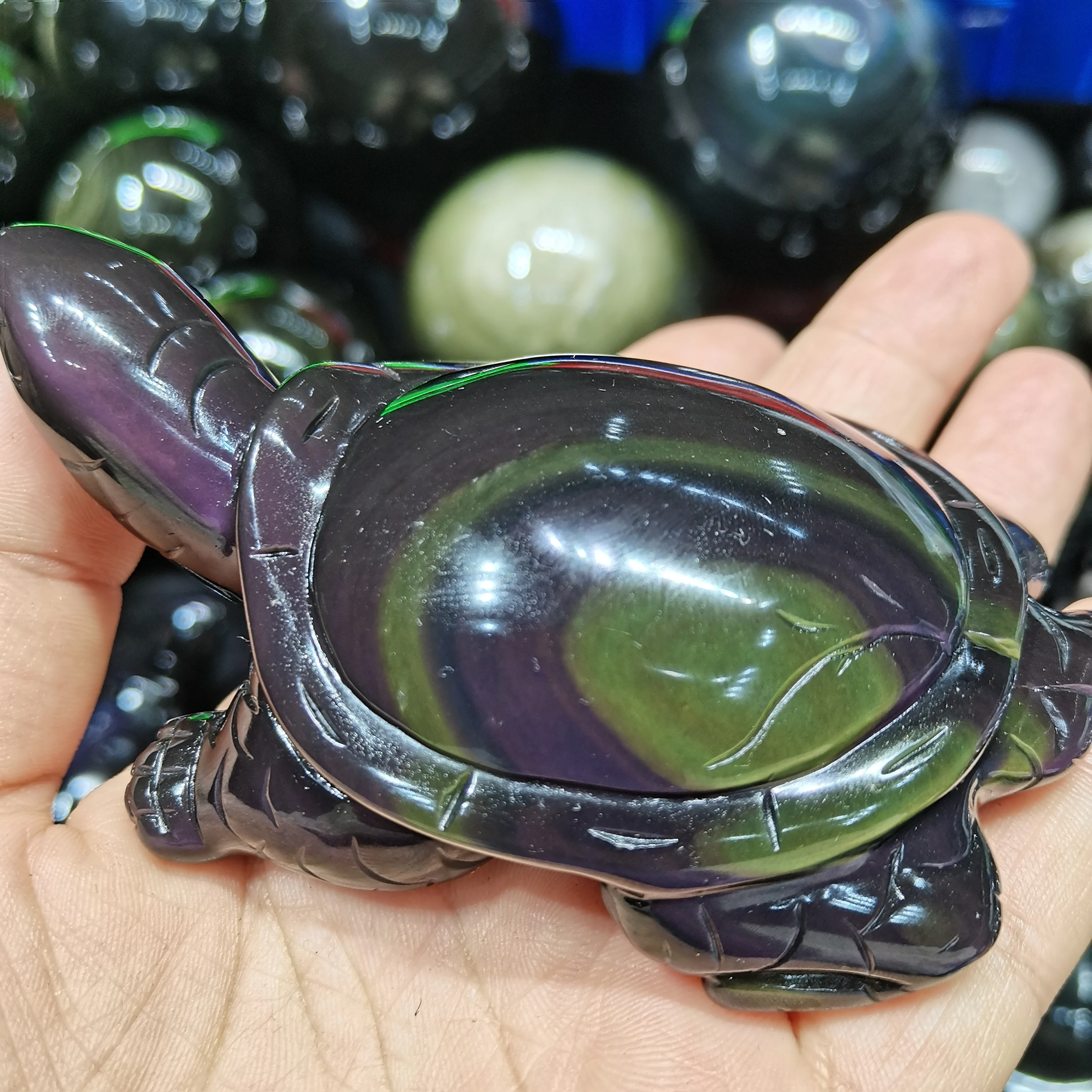 Natural rainbow obsidian turtle carved pull feldspar crystal turtle figures Household reiki ornaments