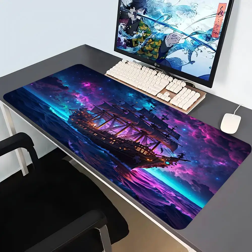 Ghost Pirate Ship Extended Gaming Mouse Pad Non‑Slip Desk Surface Nebula Starry Ocean Vintage Fantasy Art Print For Gaming Setup