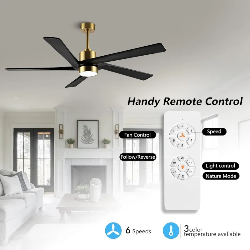 WINGBO 64 Inch DC Ceiling Fan with Lights and Remote Control, 5 Reversible Carved Wood Blades, 6-Speed Noiseless DC Motor