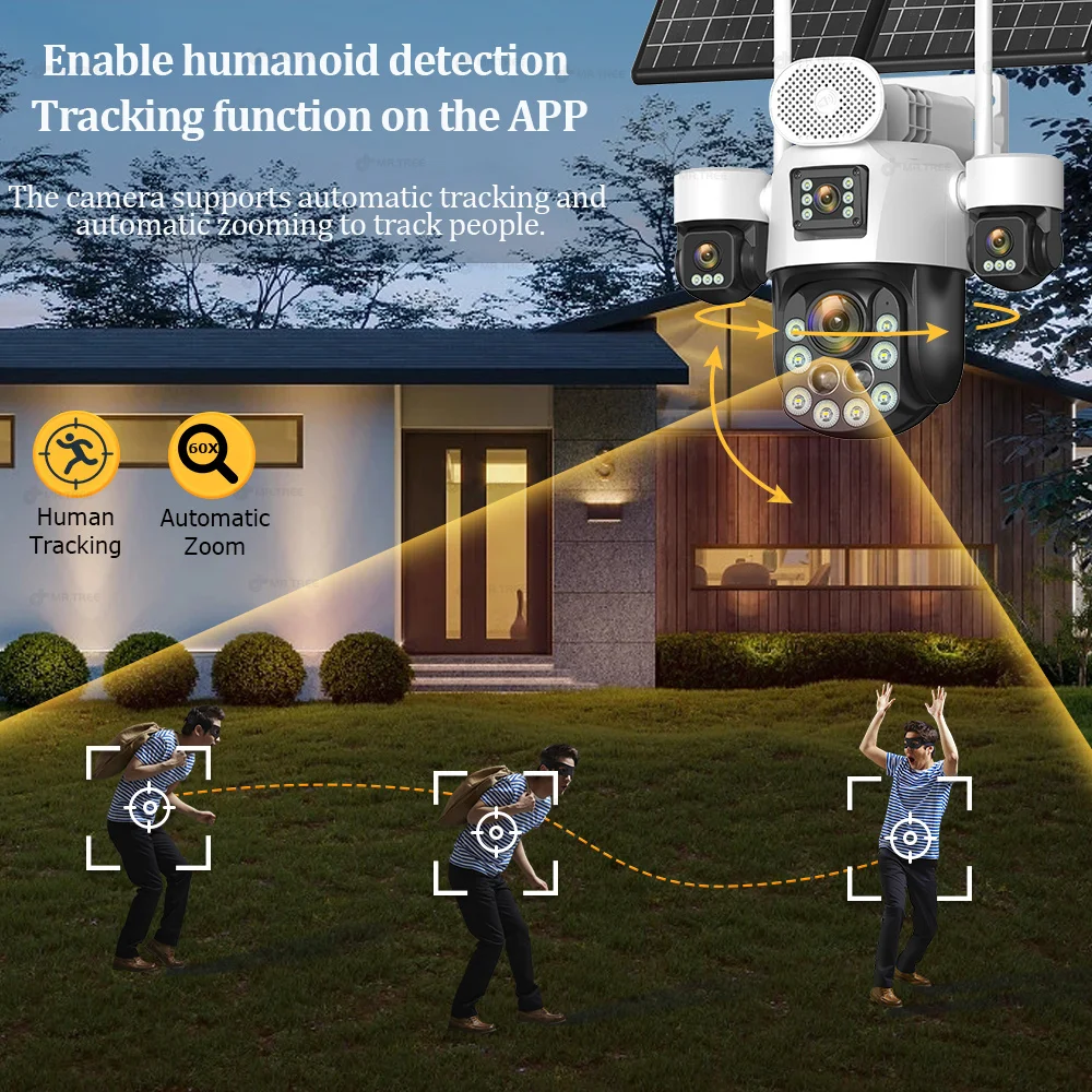 AOV Four Lens Outdoor Surveillance Solar Camera 20MP 4G SIM 60X Optical Zoom Home Security PTZ Auto Tracking Cameras 24/7 Record