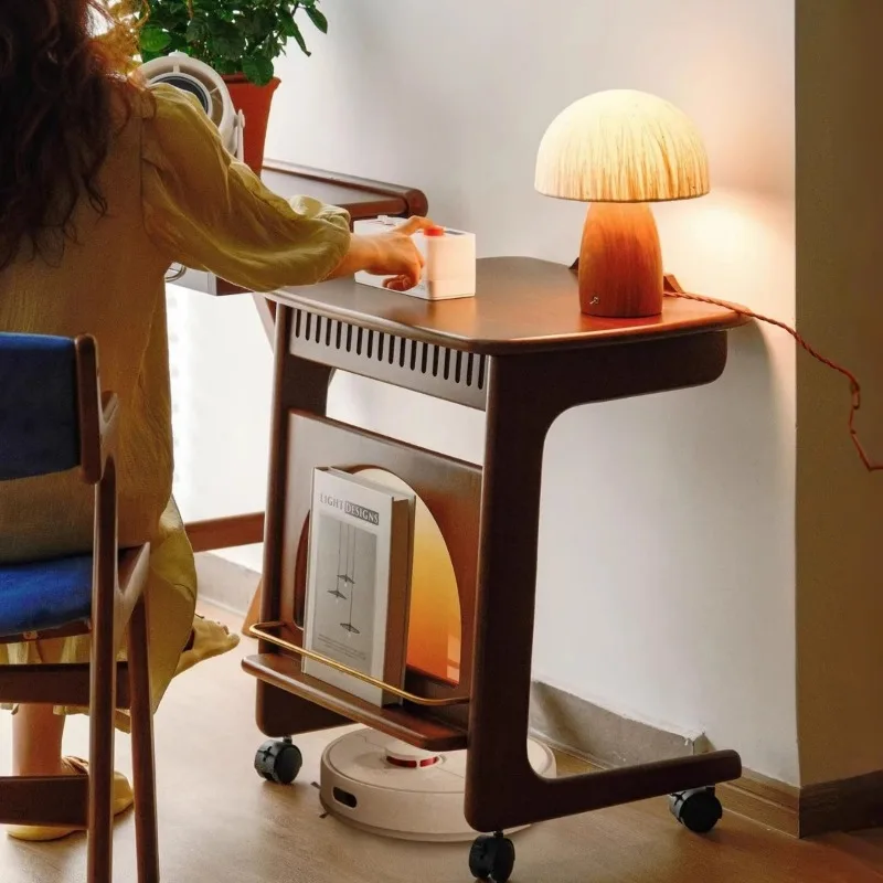 Medieval solid wood cart sweeping robot shelf small apartment sofa side coffee table movable