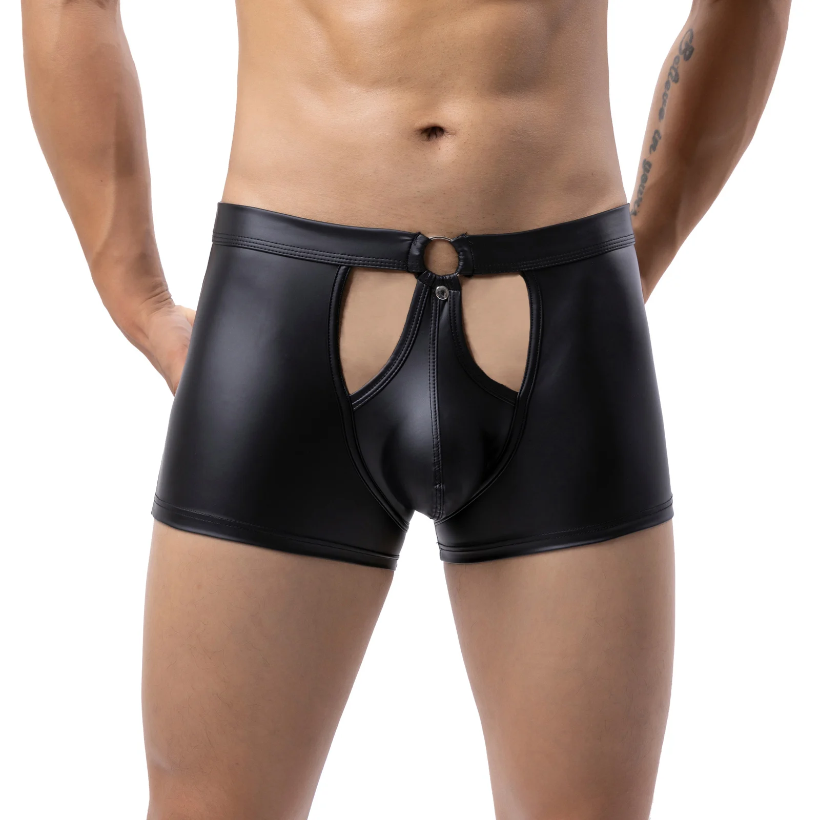 CLEVER-MENMODE Men Sexy Boxers Faux Leather Penis Pouch Panties Boxershorts Underwear Erotic Hollow Crotch Underpants Metal Ring